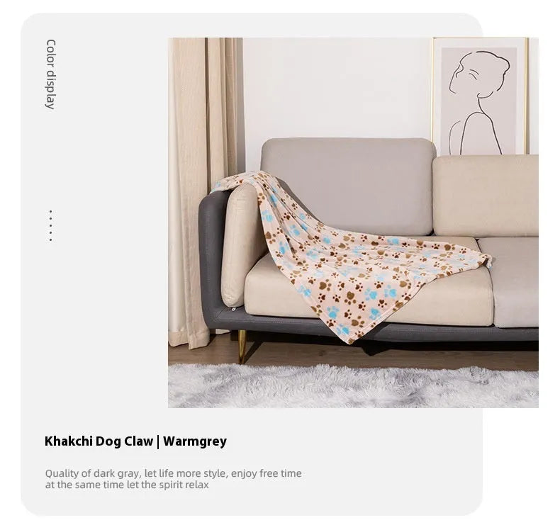 Double-sided thickened pet blanket with cartoon dog pattern in blue or khaki colours