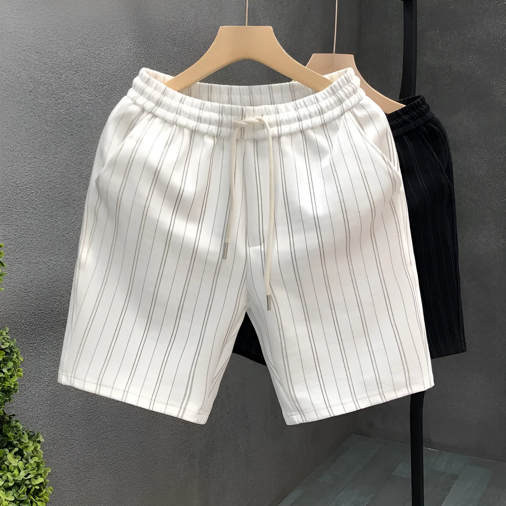 Men's black and white striped casual shorts with micro-elastic fabric and double-layer waistband