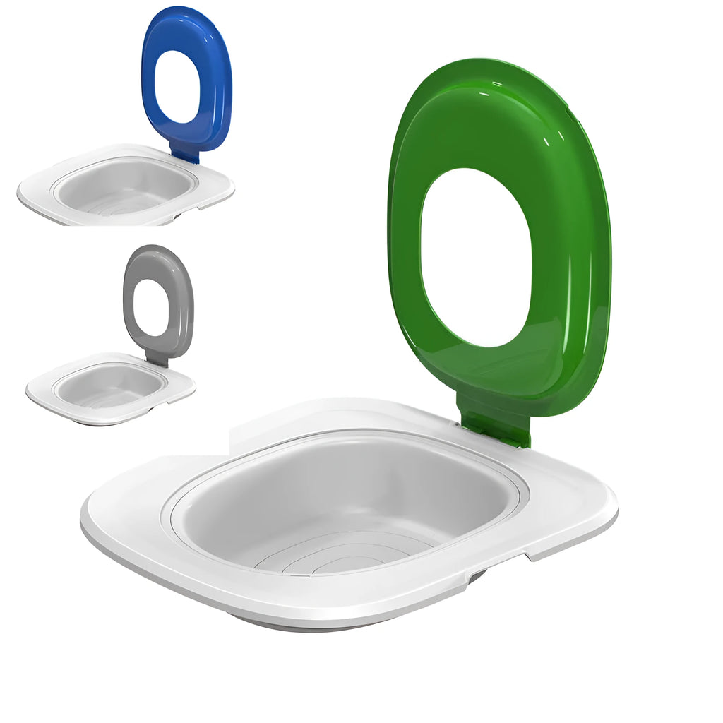 Fifth generation cat toilet trainer in blue, showing its new shape with raised back splash guard.