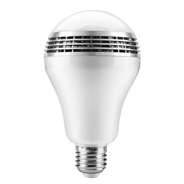 E27 smart LED bulb with Bluetooth speaker inside, showing RGB colour changing light
