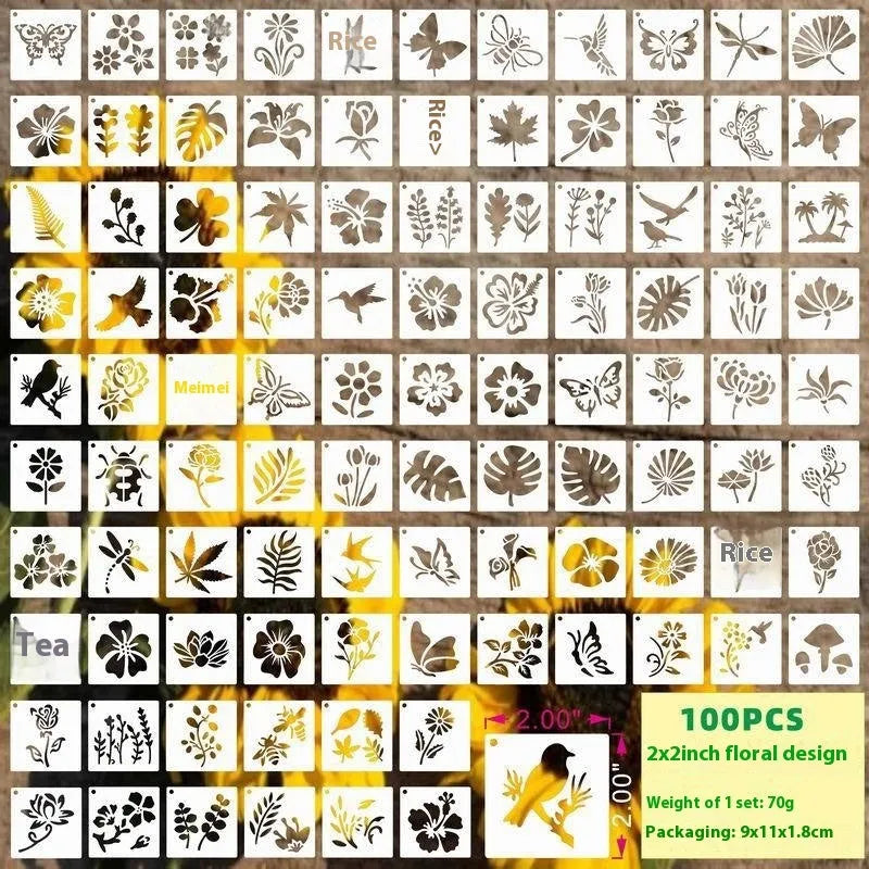 700-piece collection of 2-inch PET film spray painting stencils showing flower, animal, ocean, Hawaiian, and letter designs