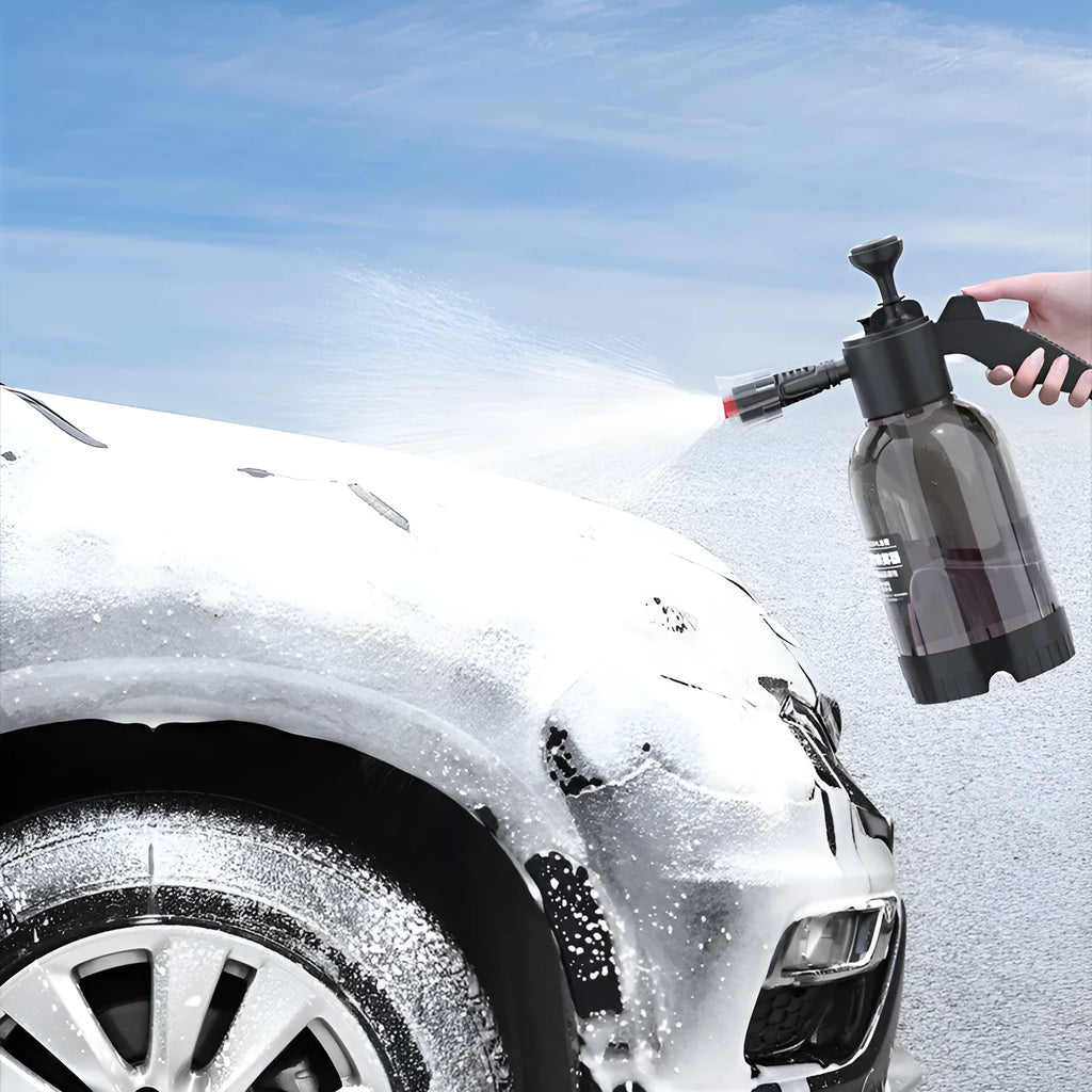 Black hand-held 2 litre foam sprayer with switch lock for garden watering and car washing