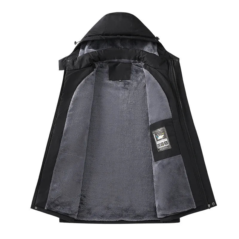 Men's plus size hooded winter coat in Army Green colour showing loose fit and front zip.