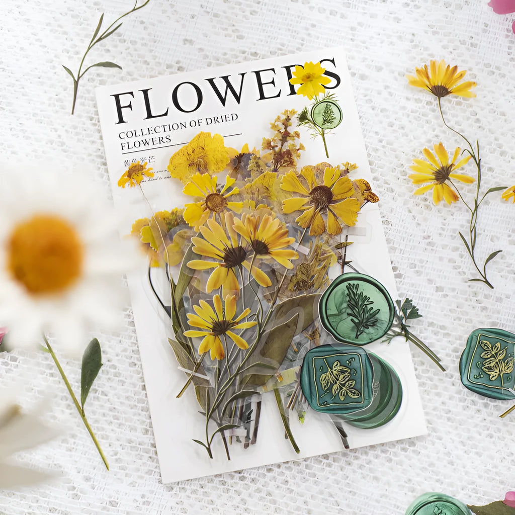 Creative dried flowers journal decoration sticker package showing 8 modern art styles on PET material, 70mm x 70mm size