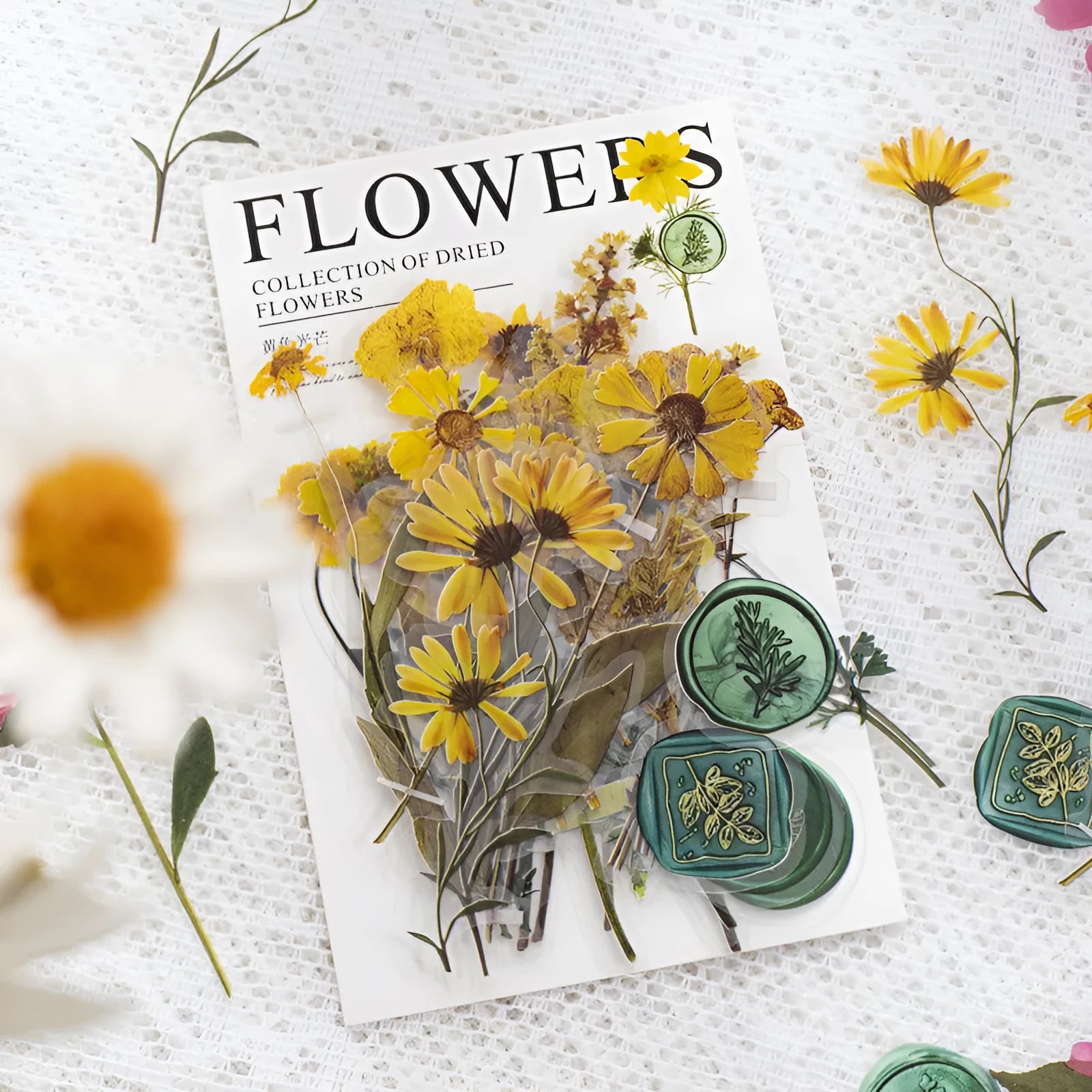 Creative dried flowers journal decoration sticker package showing 8 modern art styles on PET material, 70mm x 70mm size
