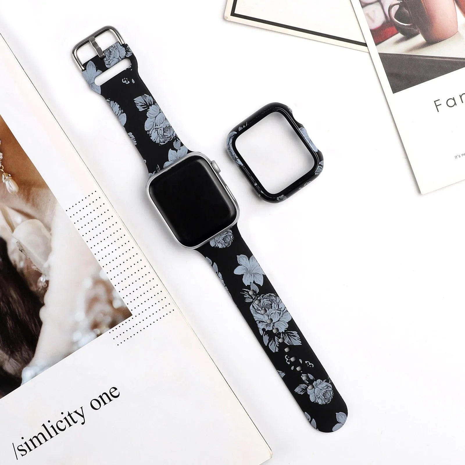 Printed silicone replacement strap for Apple Watch in various styles and sizes