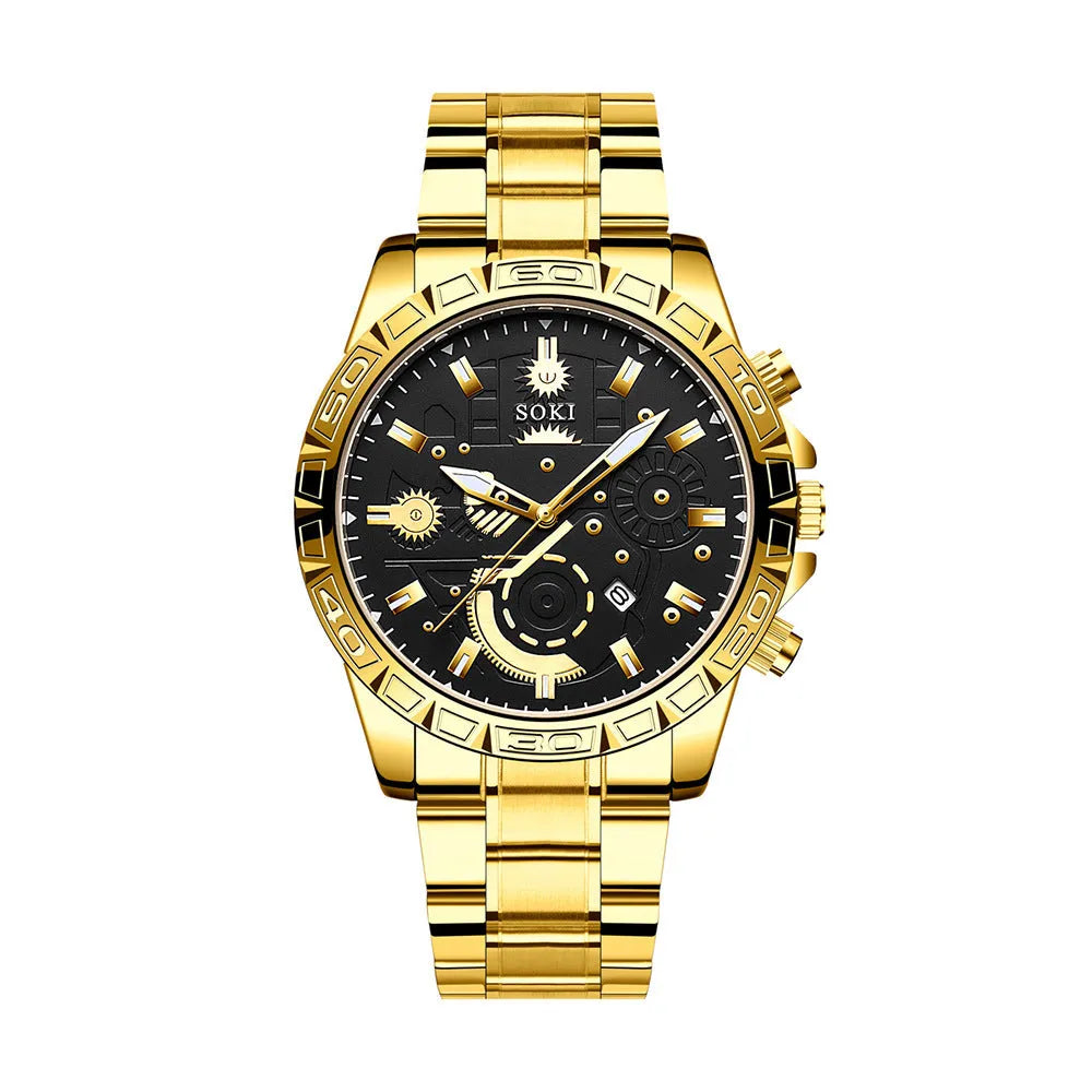 Gold men's business calendar watch with stainless steel strap and spiral crown