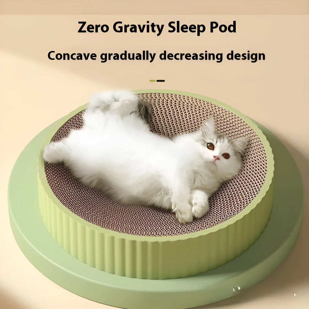 Green round cat scratching board with corrugated cardboard surface measuring 55cm diameter