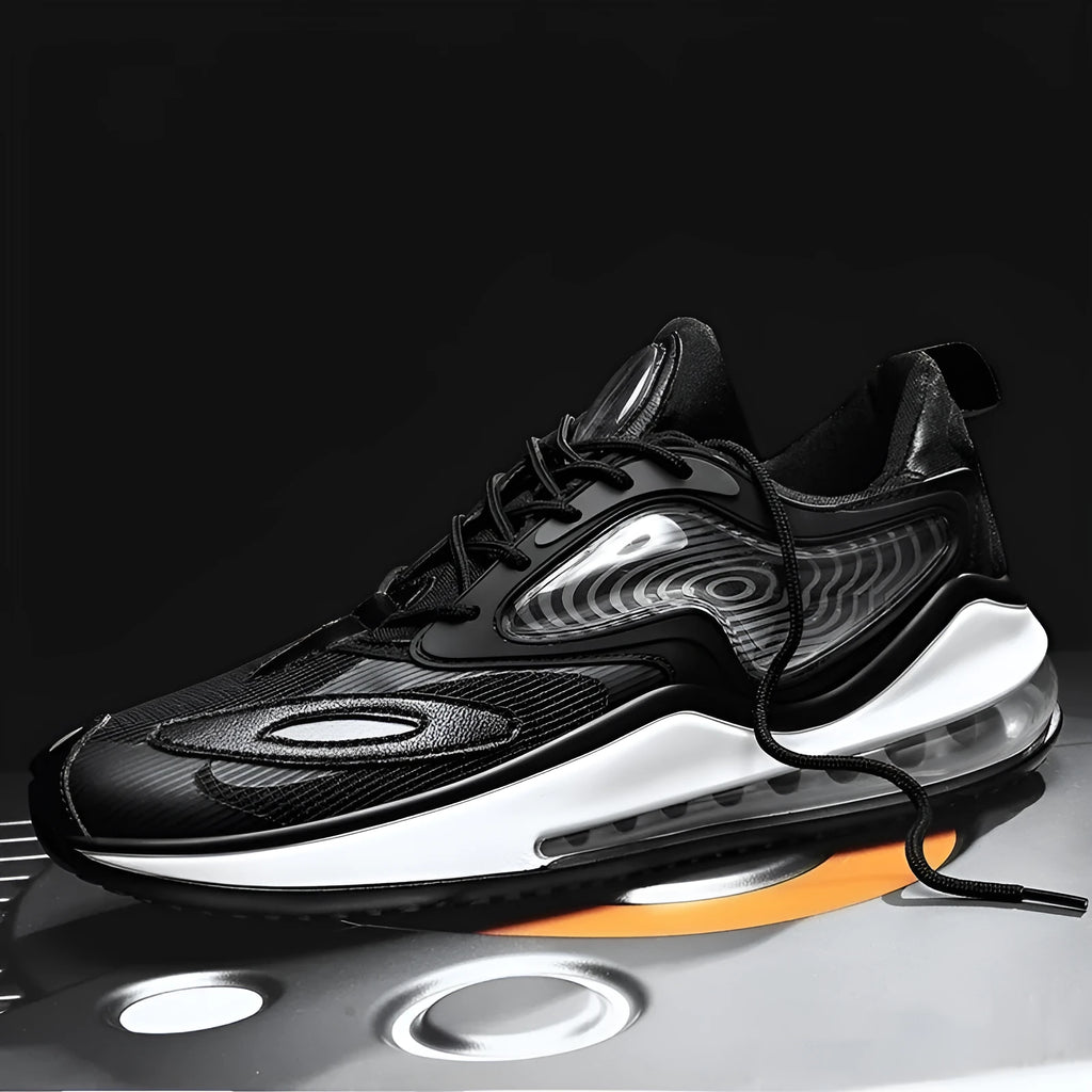 Men's Space Black and Space White casual shoes with air cushion and rubber sole.