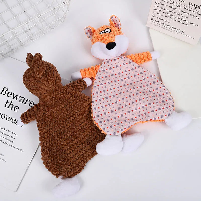 Brown and orange soft velvet pet stuffed toys shaped as an elephant and a fox for cats and dogs.