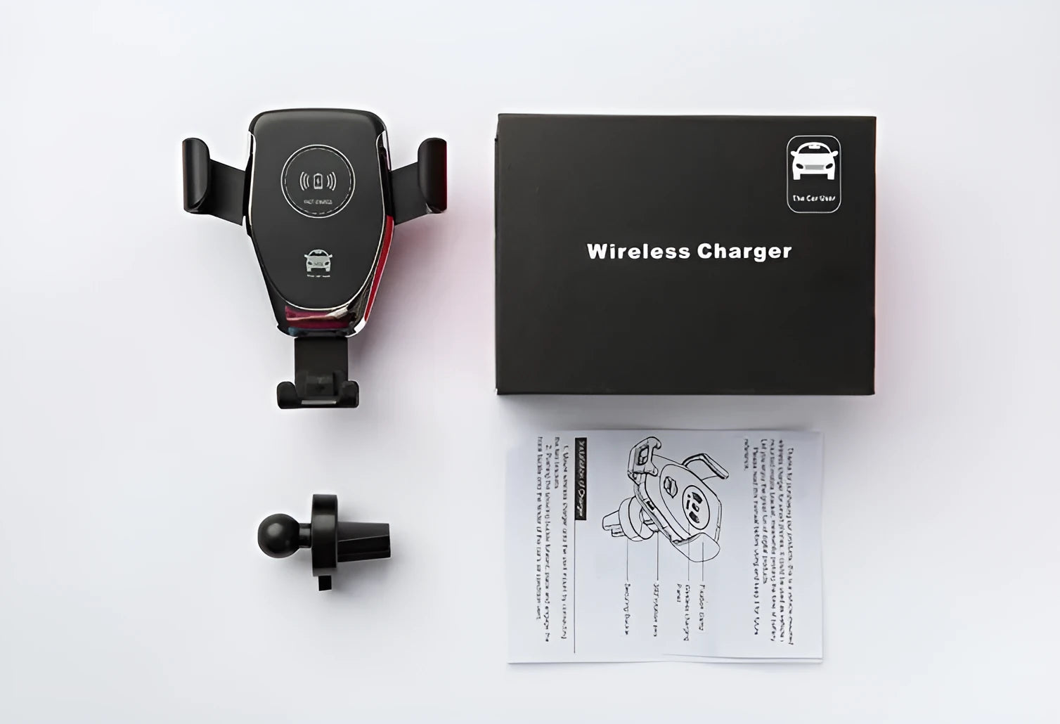 Black car wireless charger with automatic clamping arms holding an iPhone