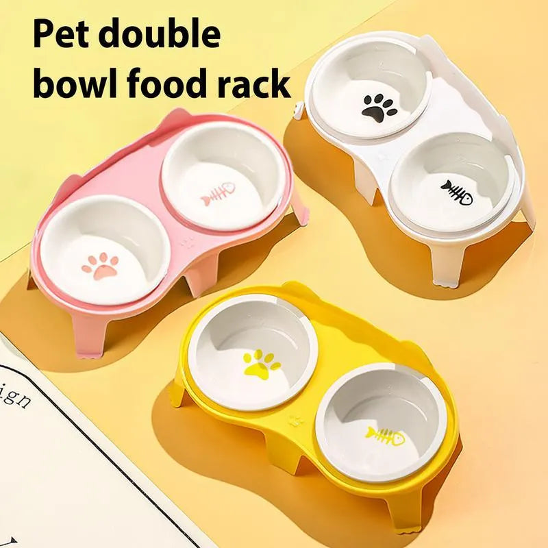 Blue ceramic cat food and water bowls on a white elevated ABS stand with a hook.