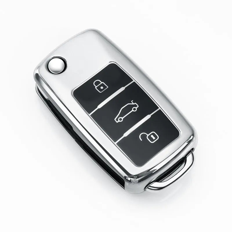 VW Model A folding 3-key case in TPU vinyl with buckle closure in blue, pink, red, or silver colour options