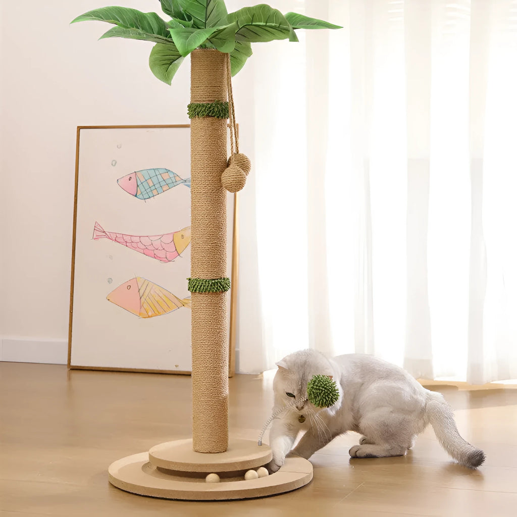 Canna coloured cat climbing frame with hemp rope scratch surfaces and a chamfered grab column.