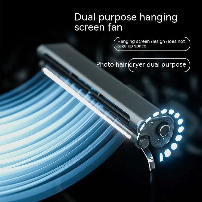 Black bladeless USB fan with clip attached to laptop screen showing lighting lamp function