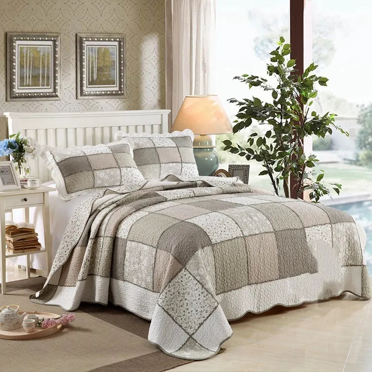 Pure cotton quilted bedspread and pillowcase set in a Korean style on a bed.