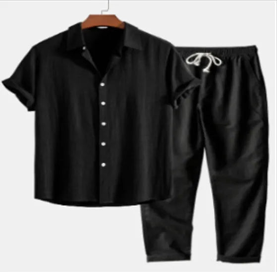 Men's floral print polyester shirt cardigan and trousers casual suit set