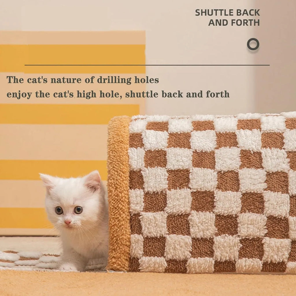 Brown plaid collapsible cat tunnel bed with central mat and zipper for indoor cats.