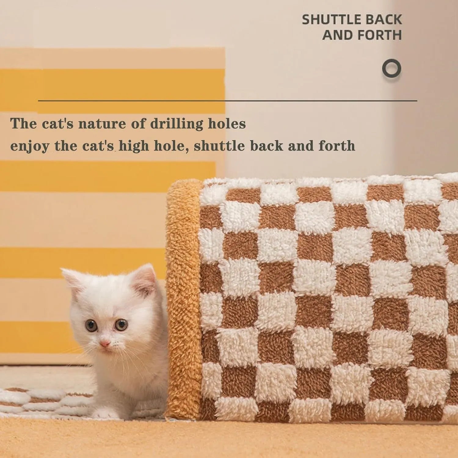Brown plaid collapsible cat tunnel bed with central mat and zipper for indoor cats.