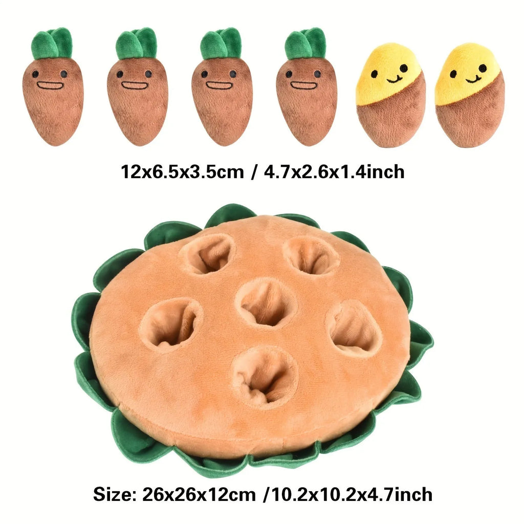 Yellow interactive dog sniffing pad made of polyester with removable squeaky plush toys for foraging training