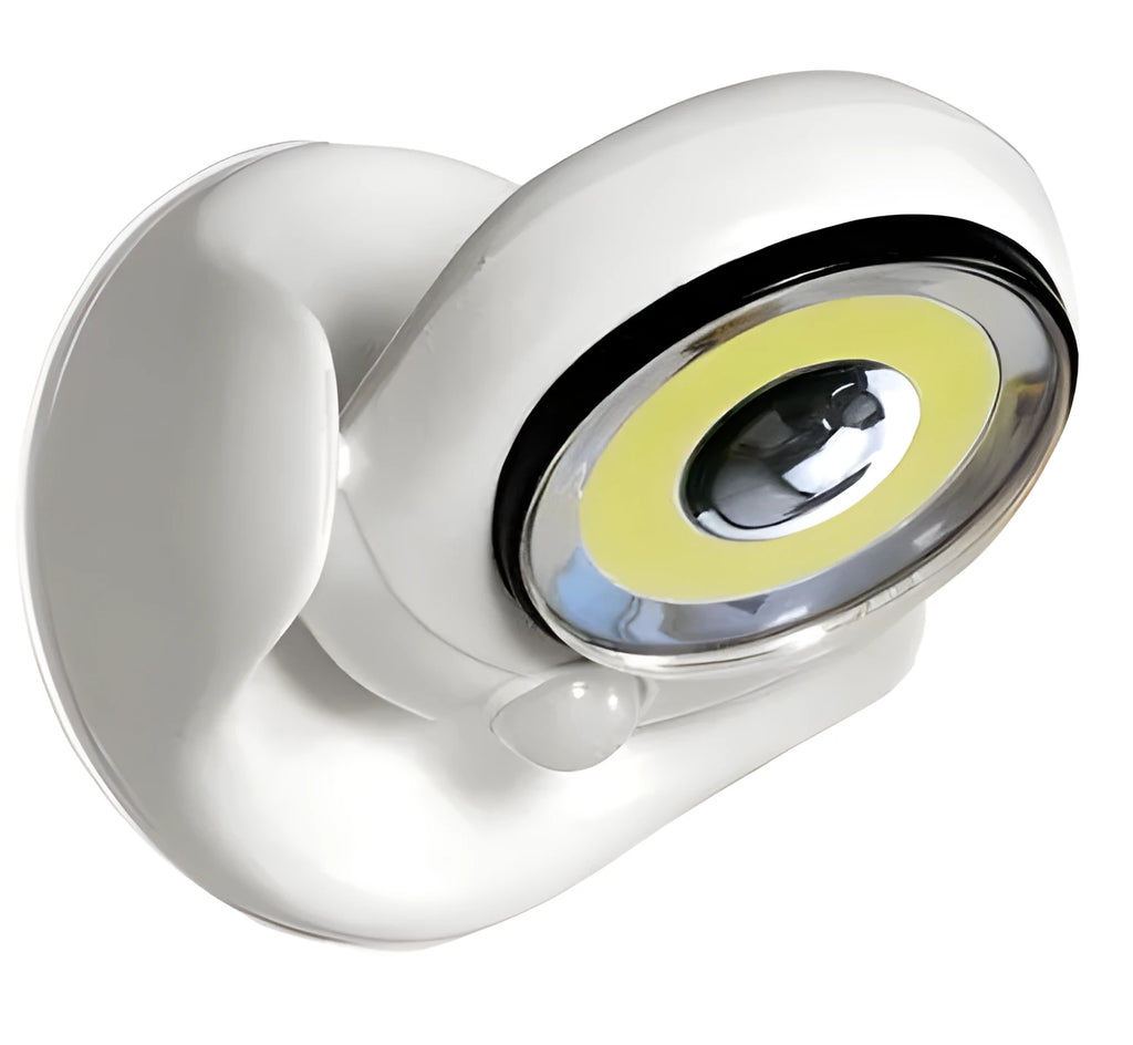 White Atomic Angel induction light unit showing compact design