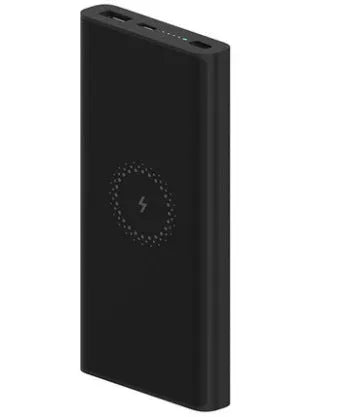 White or black 10000mAh polymer lithium ion power bank with fast charging and wireless output.