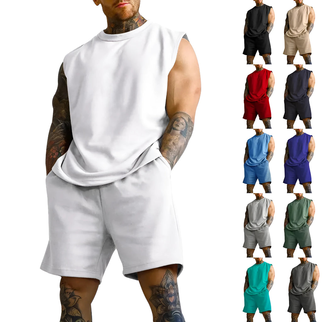 Men's sleeveless sports suit in cotton blend fabric with matching shorts