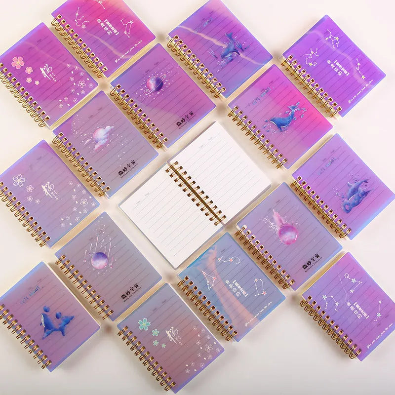 Spiral bound A7 pocket notepad with PP cover shown in Constellation, Sakura, Universe, and Ocean design options.