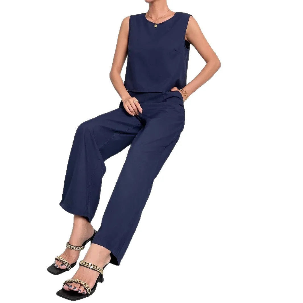 Women's red sleeveless top and wide-leg trousers two-piece polyester co-ord set on hanger