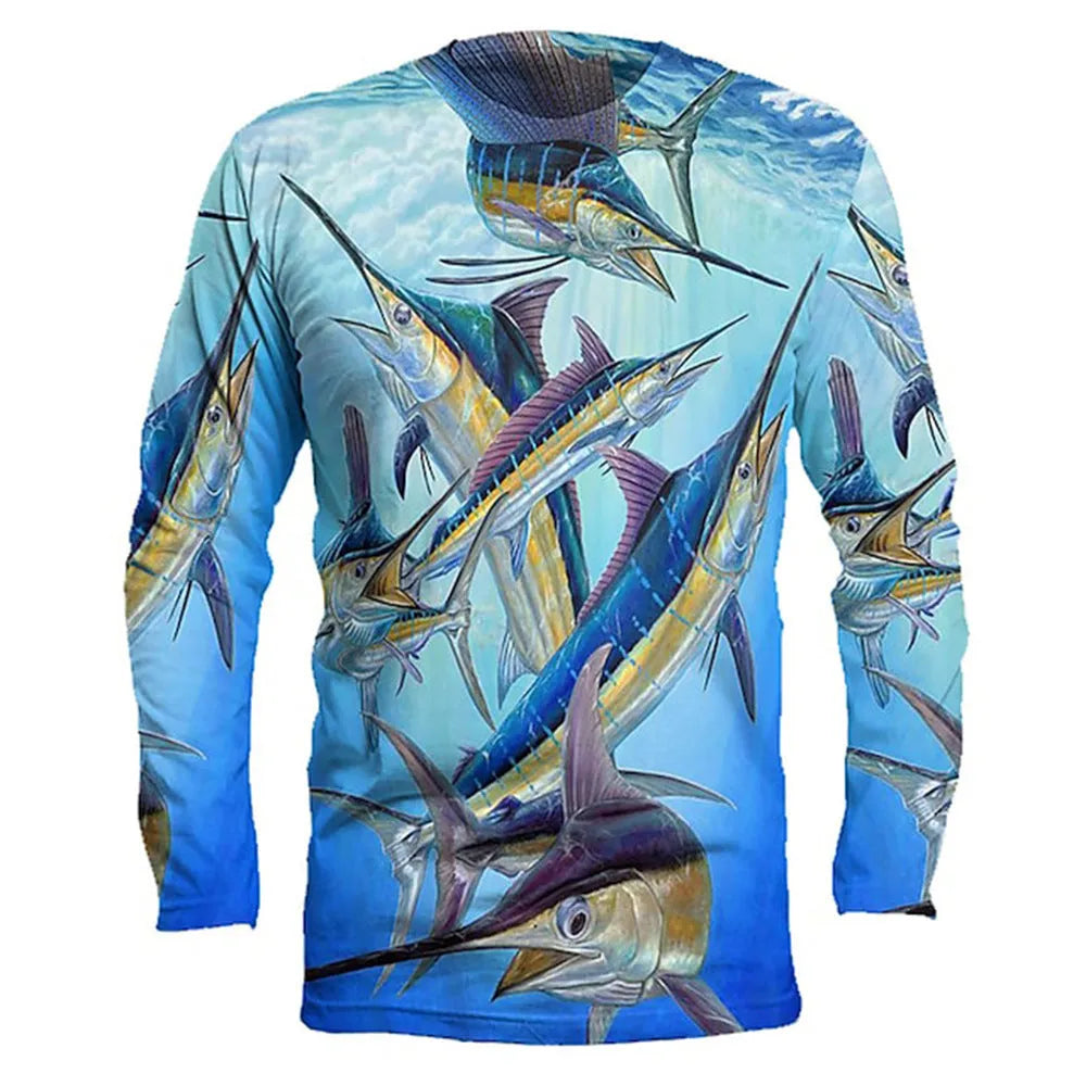 Men's grey long sleeve pullover top with an all-over colourful fish print design, round neck.