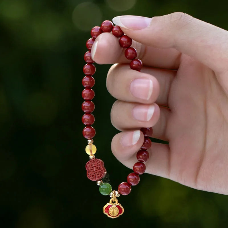 Emperor Sandstone Happy Eyebrow bracelet with Fu charm in New Chinese Style.