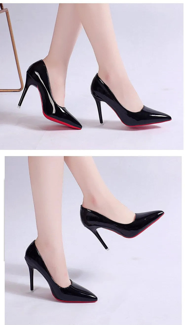 Women's solid colour stiletto heel pumps with pointed toe and shallow mouth design.