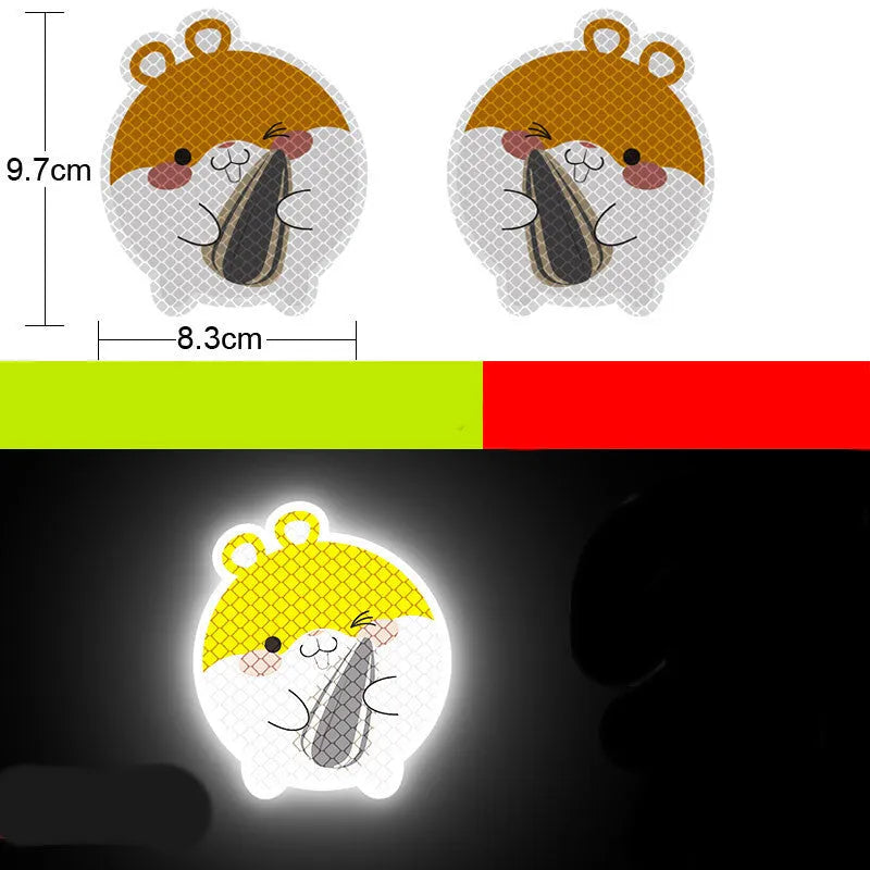A pair of diamond reflective film safety stickers, approximately 9cm by 5cm each, showing example graphic designs.