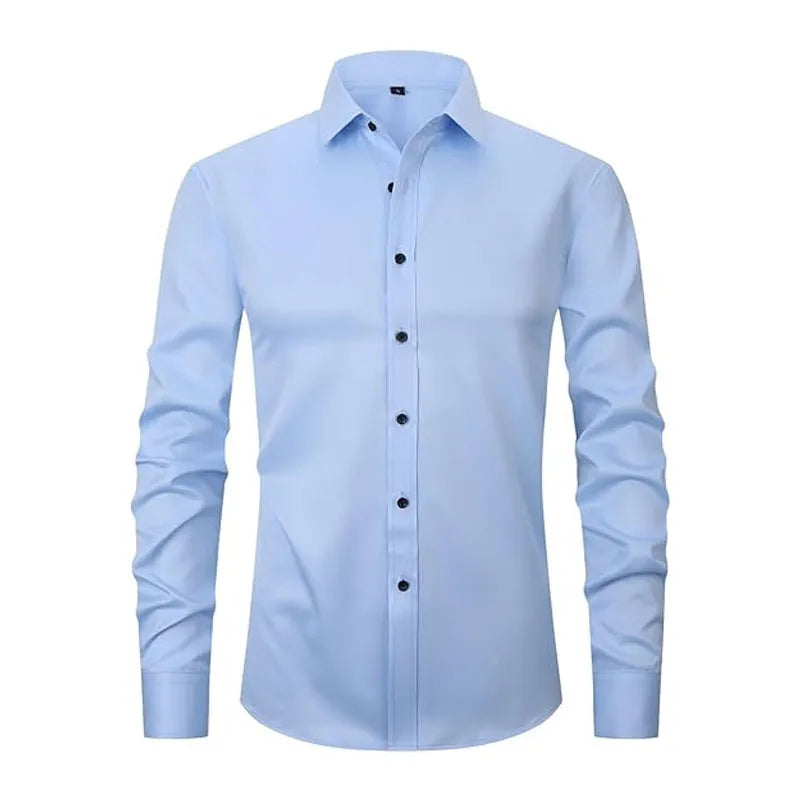Men's stretch long sleeve work shirt in polyester fibre showing colour options and sizing details