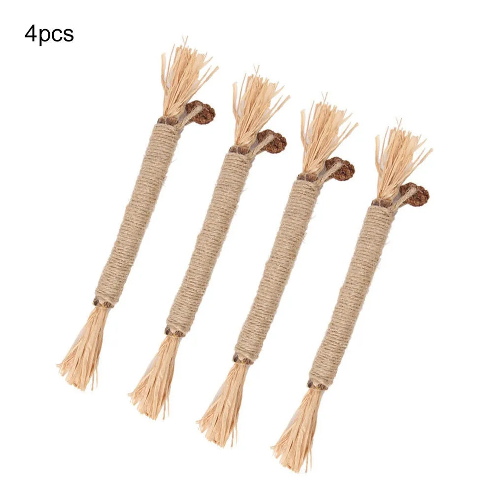 3-pack of natural silvervine chew sticks for cats on a wooden surface