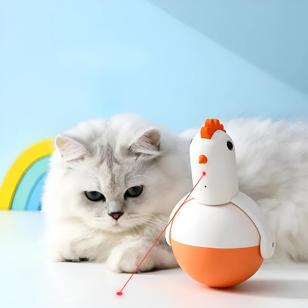 Green or orange electric chicken cat toy with laser light and sound functions on a flat surface