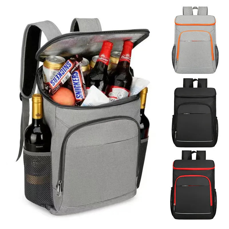 Large black Oxford cloth thermal backpack with curved shoulder straps for outdoor picnics