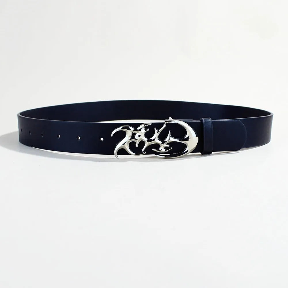 Silver buckle on a casual PU leather belt with snap button closure.
