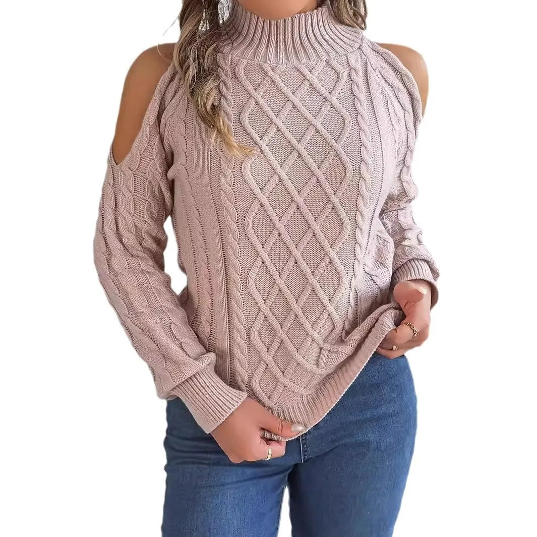 Women's twisted pattern strapless sweater with half-high collar and lantern sleeves in acrylic fabric