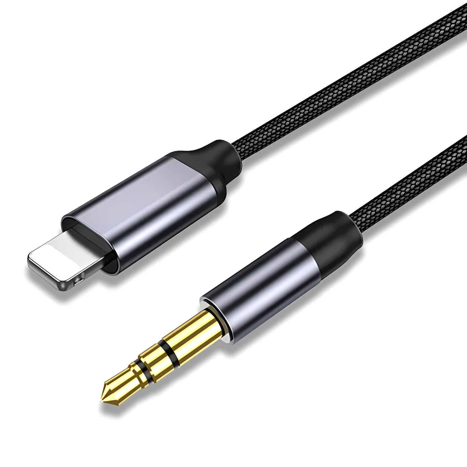 Silver nylon braided audio cable with 3.5mm connectors for car adapter use