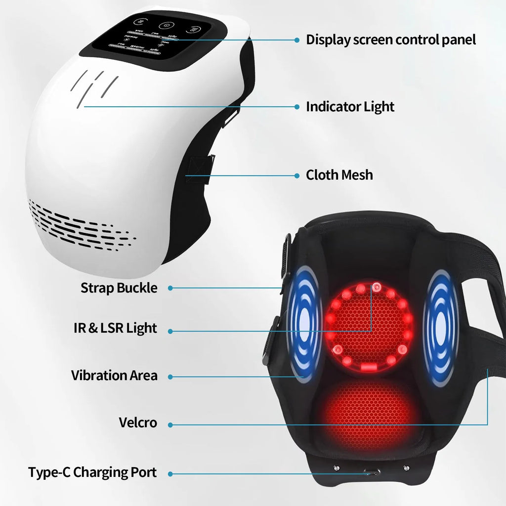 Rechargeable electric knee massager with infrared laser and vibration therapy in white and wood colour options