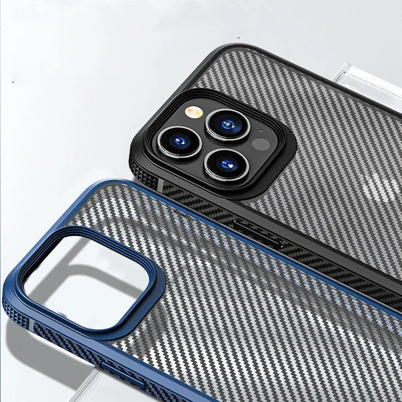 iPhone 13 series protective case in black with carbon fibre pattern and dual-material TPU/PC construction