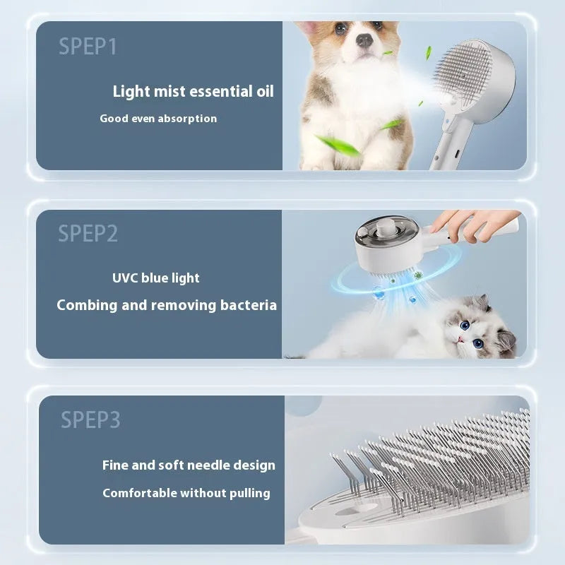 Ceramic white pet grooming brush with UVC light, spray nozzle, and fine soft needles for dogs and cats
