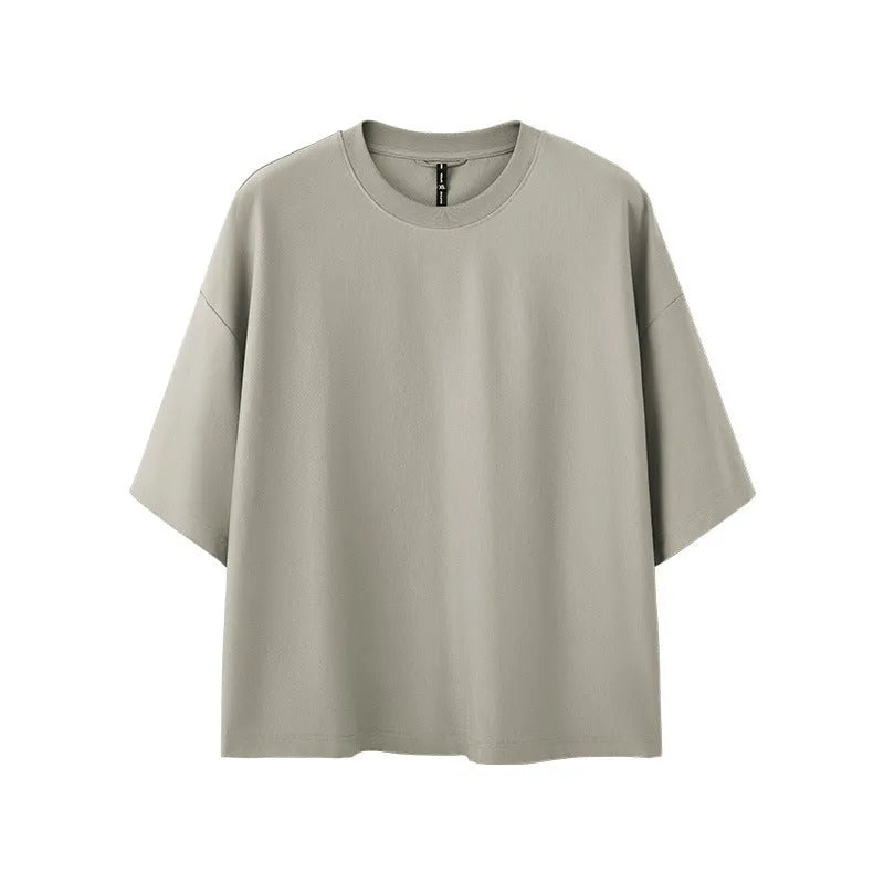 Men's sand grey loose fit short sleeve t-shirt showing cotton-polyester fabric texture