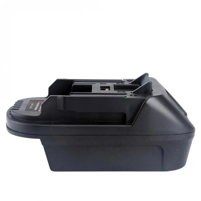 Black Milwaukee DM18M to MAKITA H99F battery adapter showing connection ports