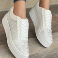 Women's black casual sports shoes with rhinestones, thick rubber sole, and front lace-up