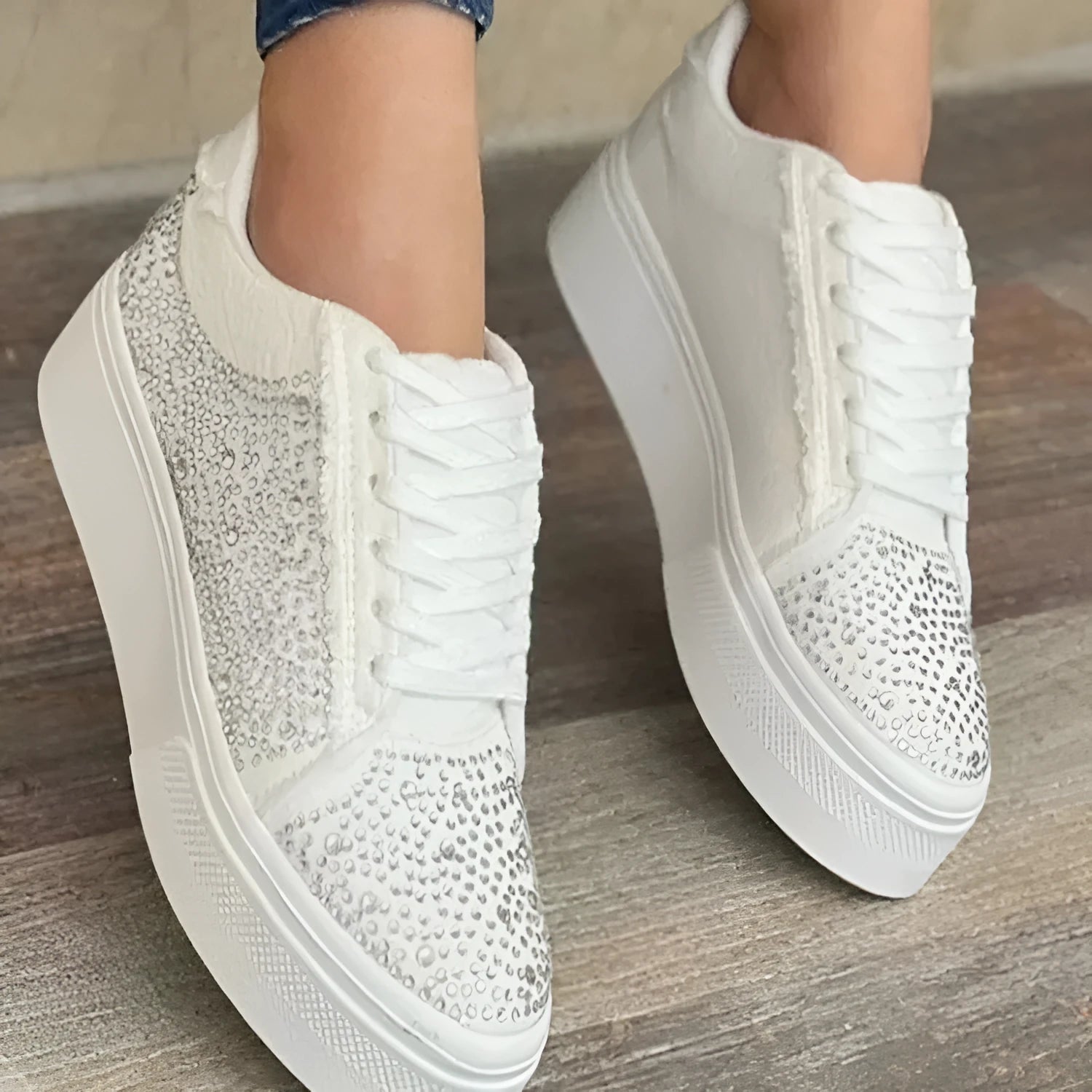 Women's black casual sports shoes with rhinestones, thick rubber sole, and front lace-up