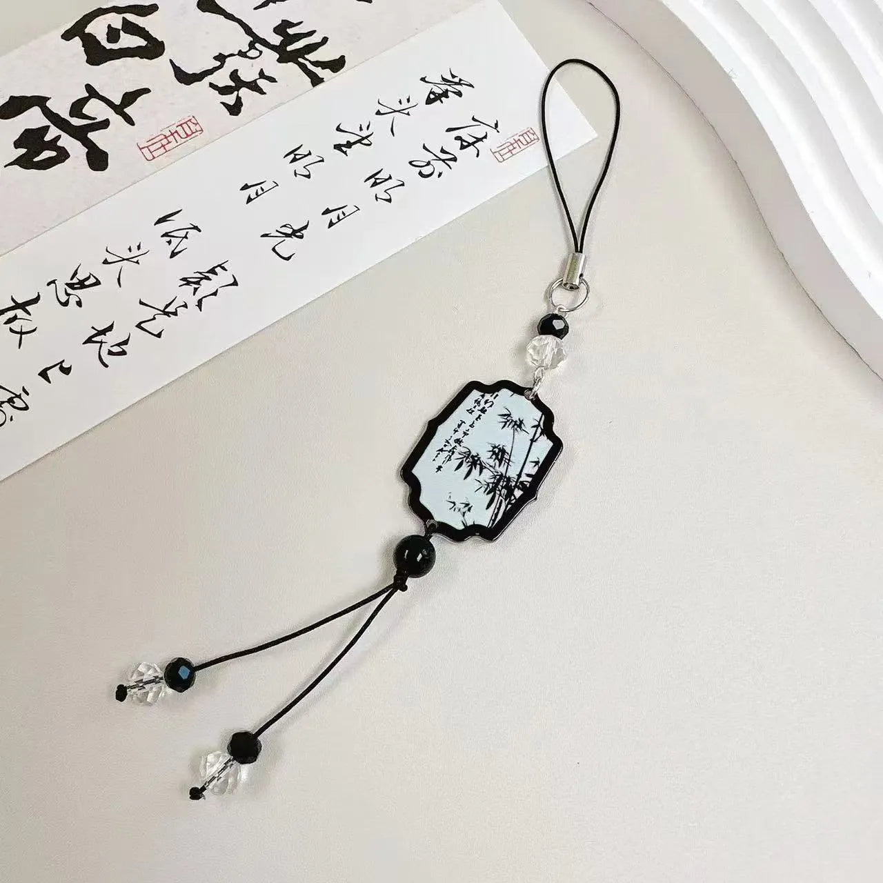 Guofeng style bead pendant keychain with plant and flower patterns in baked varnish finish