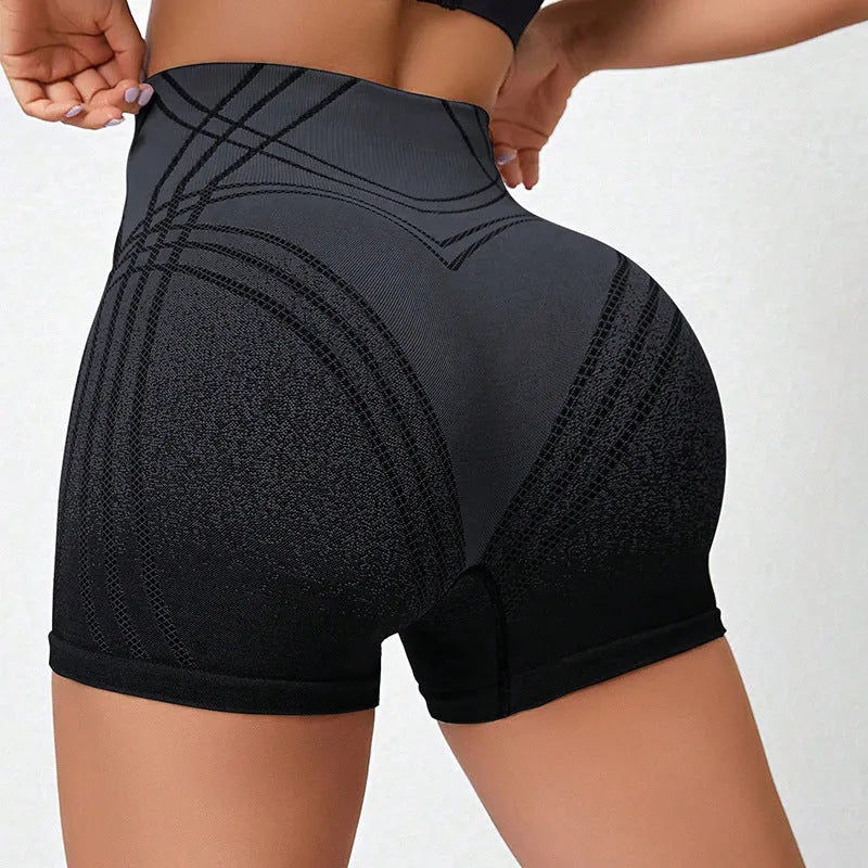 Women's black and brown gradient high-waisted fitness shorts for running and yoga