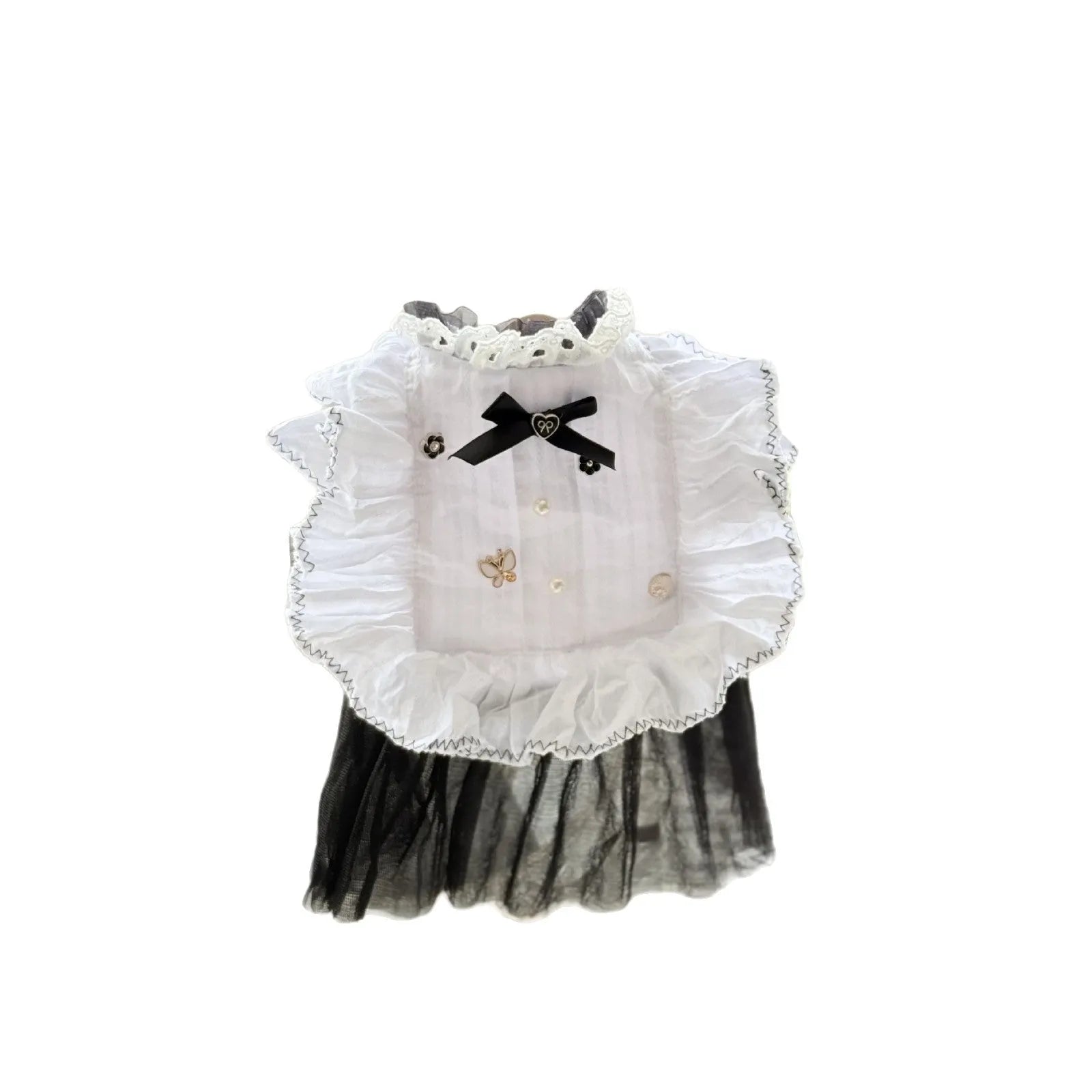 White yarn princess-style gauze skirt for small to medium dogs on mannequin showing chest and length measurements